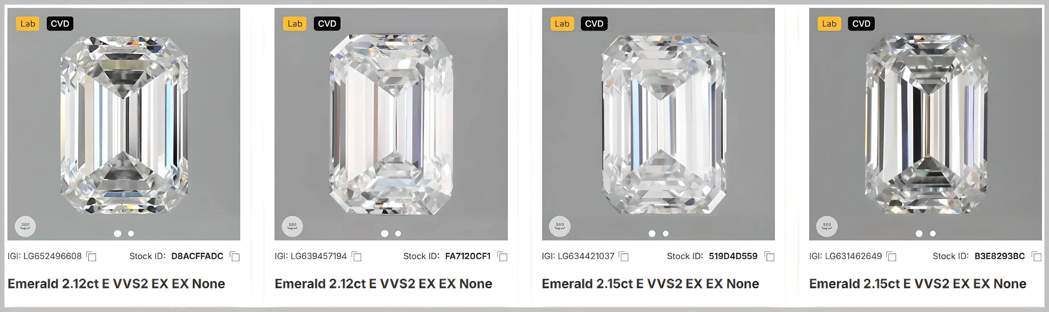 Bæredygtige laboratoriedyrkede diamanter med emerald-slibning, 2.12-2.15 ct, VVS2, farve E, perfekt til miljøvenlige smykker.