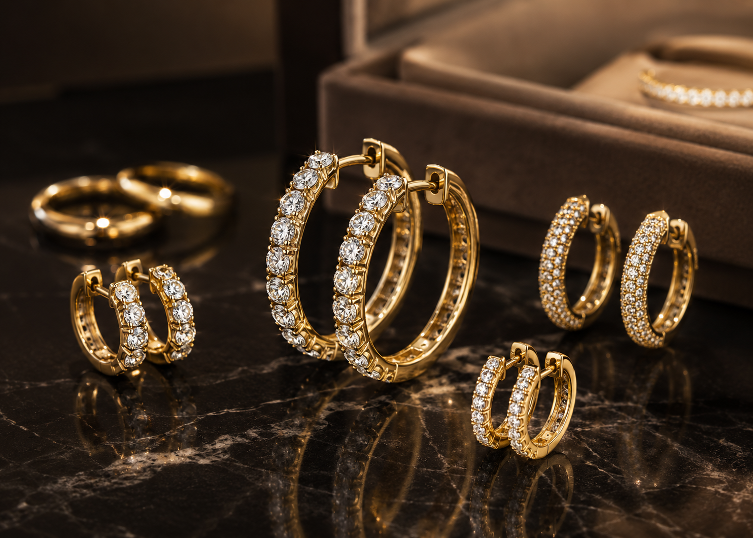 Eksklusive diamant øreringe og creoler i guld med brillant slebne diamanter vist i luksuriøst hero billede fra Manich Jewelry
