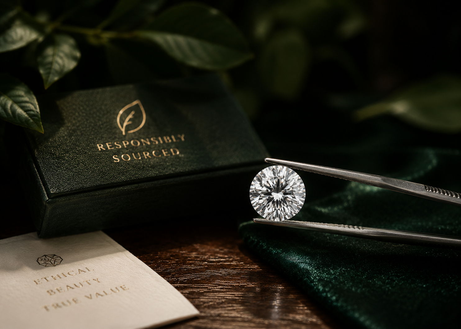 Brillantsleben diamant i tweezers fotograferet i luksuriøst mørkt miljø med fokus på bæredygtige diamanter og ansvarlig sourcing.