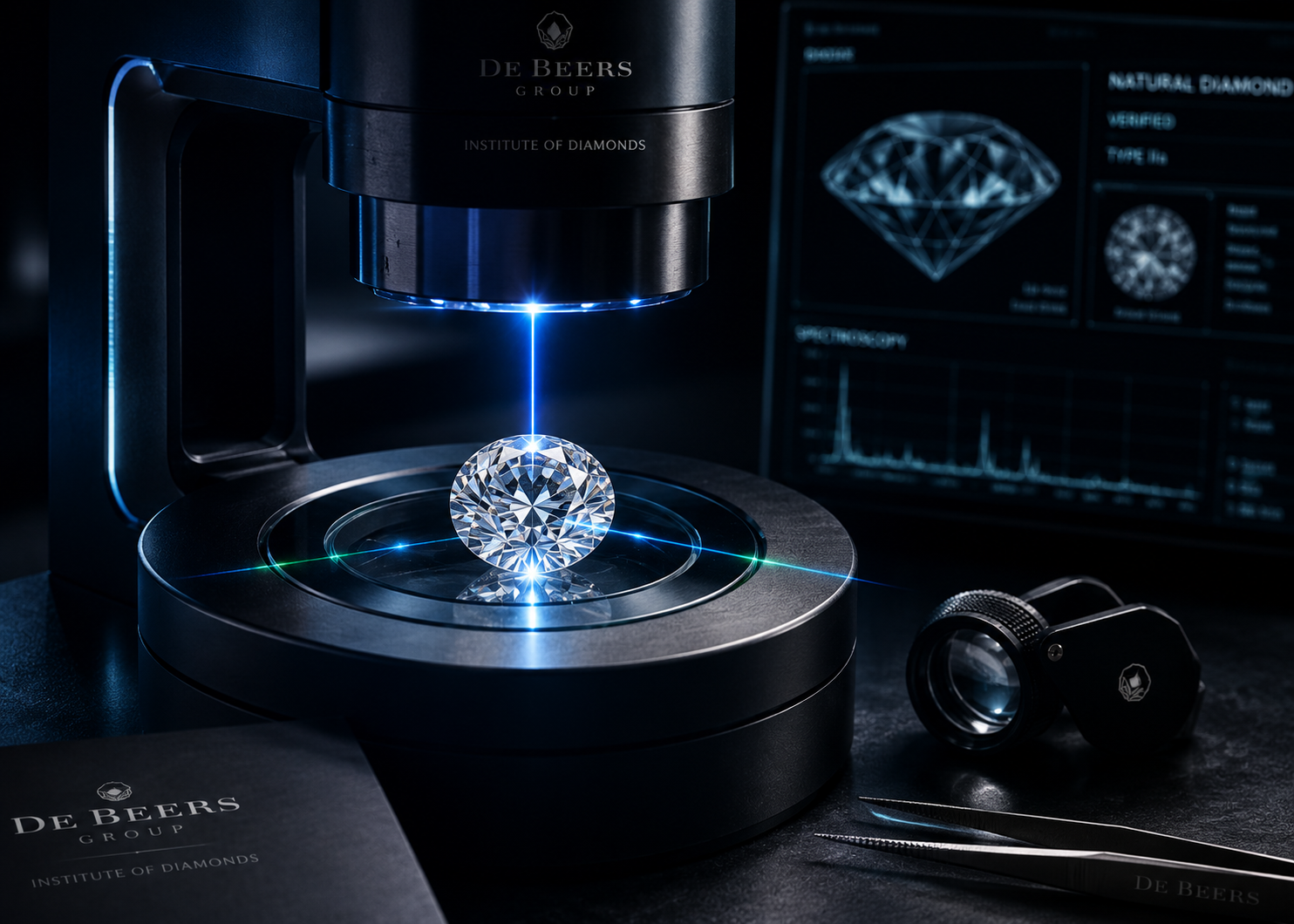 Avanceret diamantscanning af naturlig brillant slebet diamant med futuristisk teknologi inspireret af De Beers i eksklusivt hero billede fra Manich Jewelry