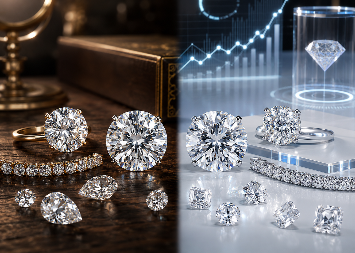 Hero billede der sammenligner naturlige og lab-grown diamanter i diamantmarkedet 2026 med eksklusive diamantringe, tennisarmbånd og futuristisk diamantteknologi fra Manich Jewelry