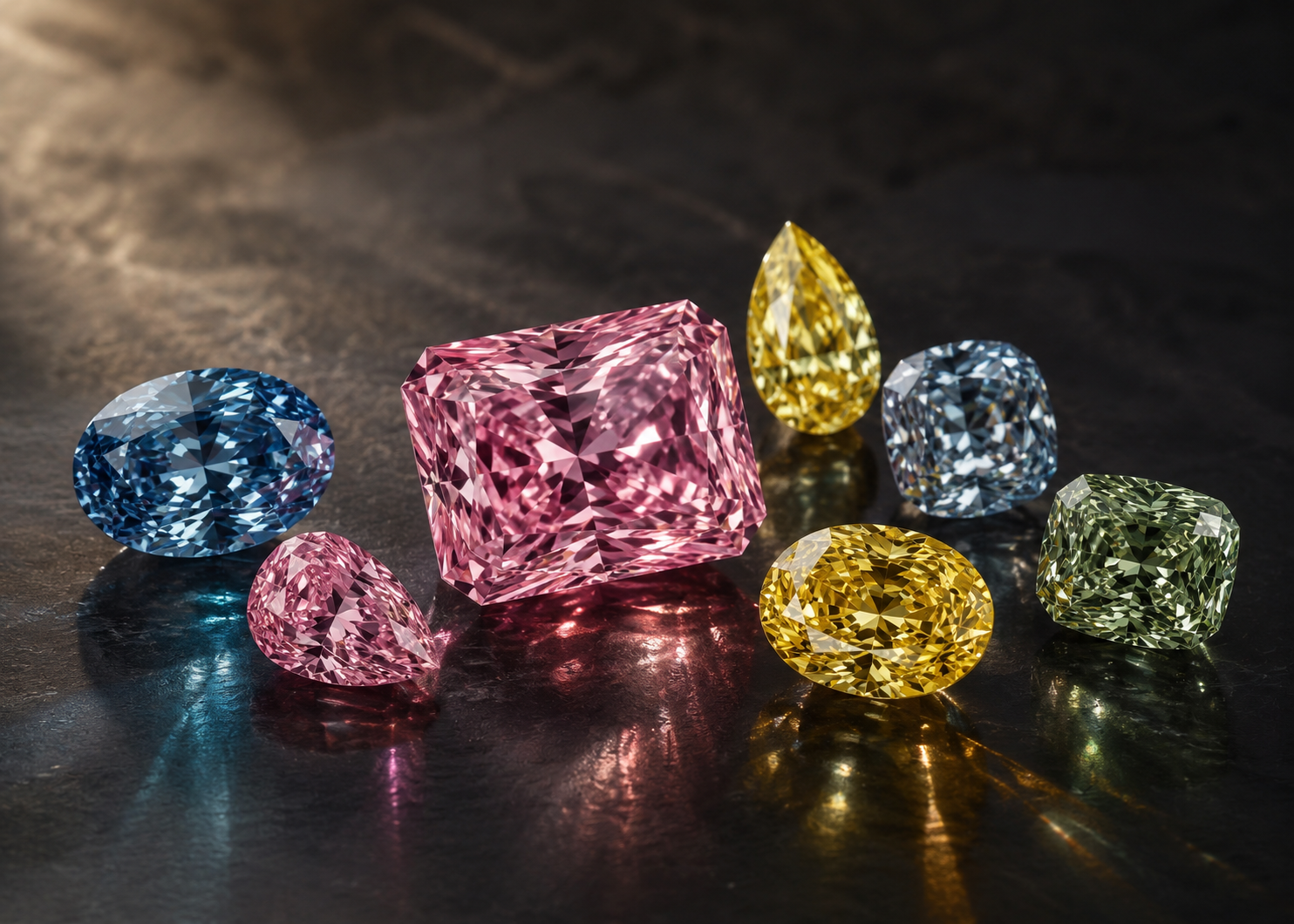 Fancy colored lab-grown diamanter i pink, blå, gul og grøn arrangeret i eksklusivt hero billede for Manich Jewelry.
