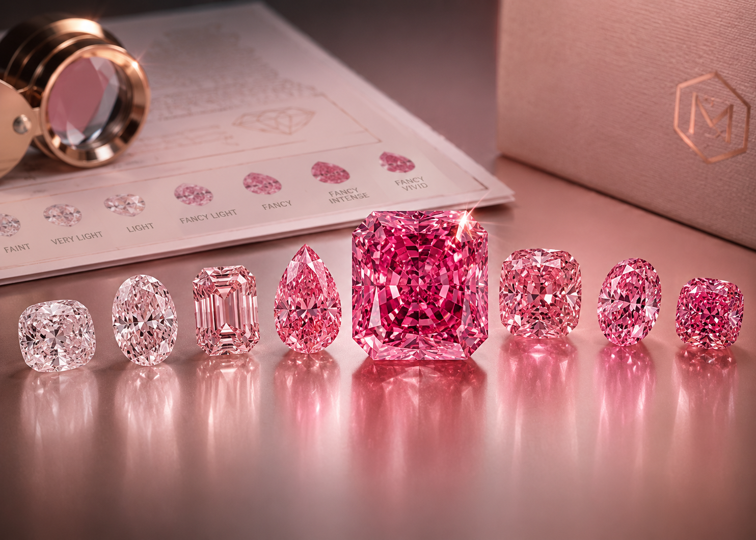Gradient af lyserøde diamanter fra faint pink til fancy vivid pink der viser hvordan farveintensitet påvirker værdien af pink diamanter hos Manich Jewelry.