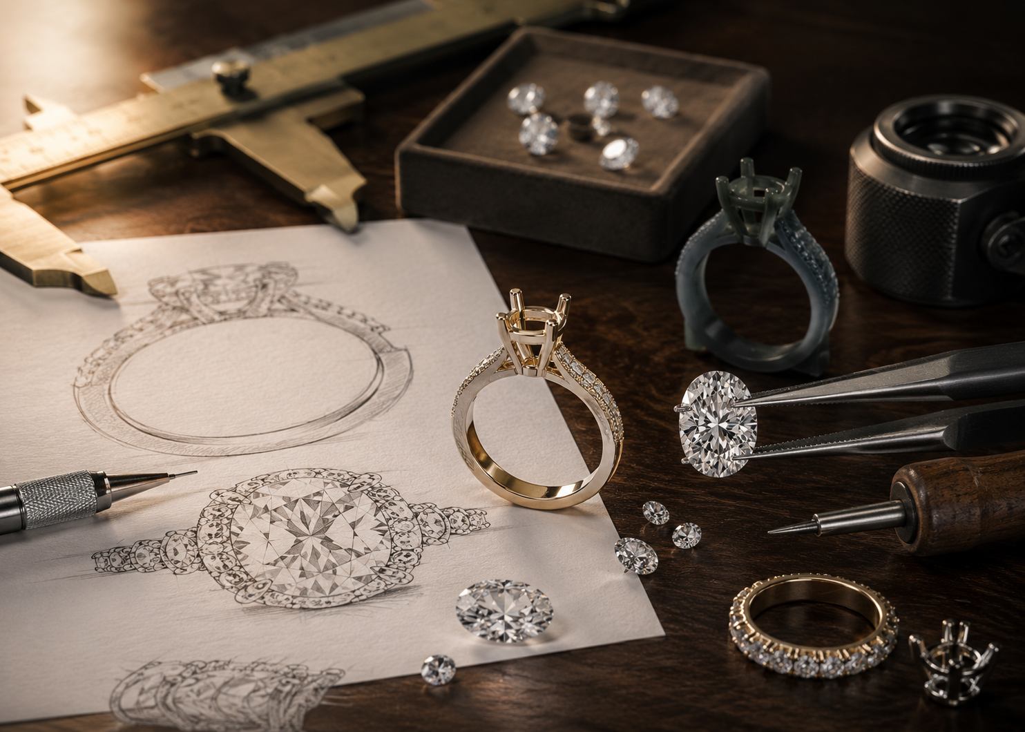 Speciallavet diamantring under designproces med ringtegninger, løse diamanter, guldring og juveler værktøj i eksklusivt hero billede fra Manich Jewelry