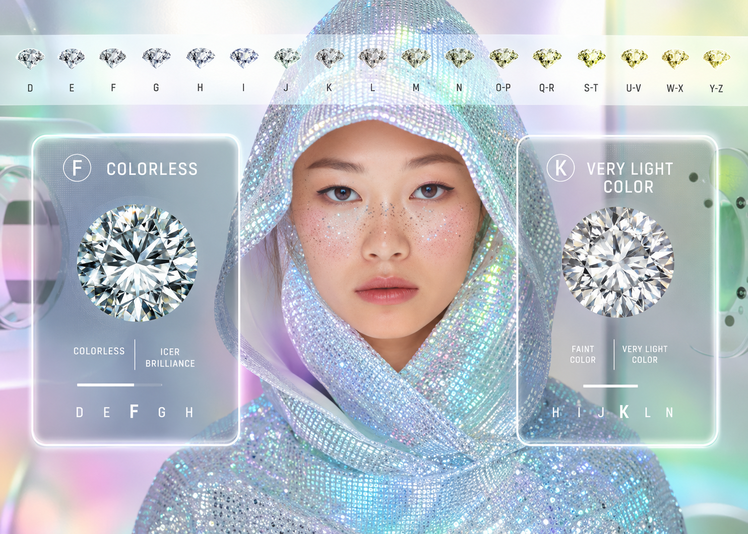 Futuristisk hero billede med diamant farvegraderingsskala, avanceret diamantteknologi og holografisk luksusdesign inspireret af moderne diamantanalyse hos Manich Jewelry