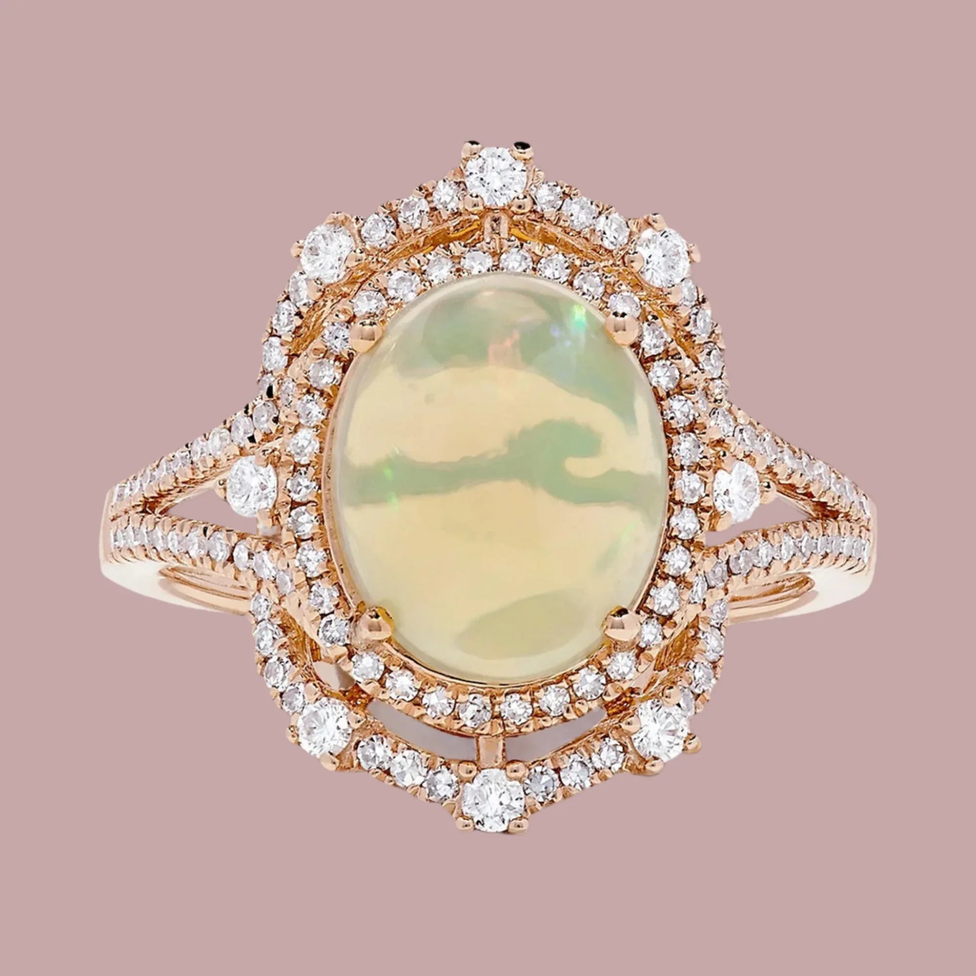 14K Rosaguld Cocktailring med Opal og Diamanter | 4.06 ct