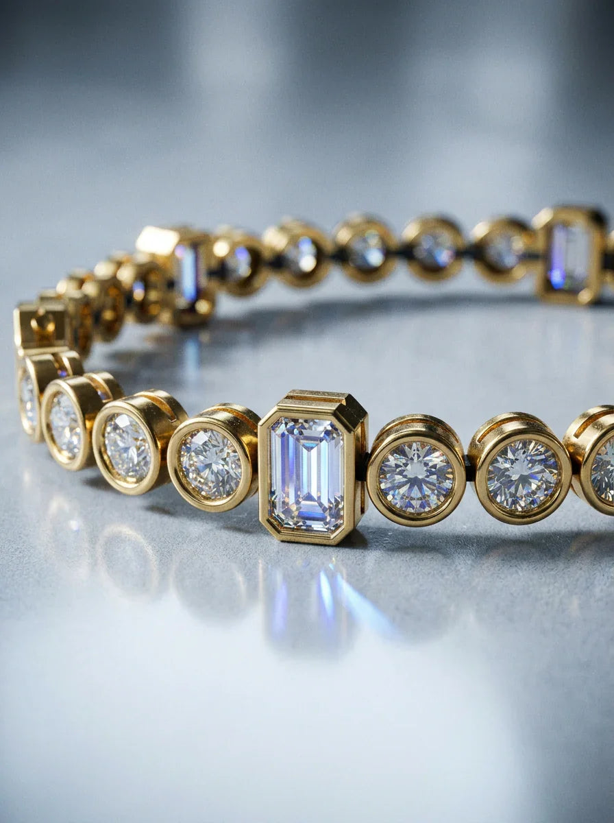 Nærbillede af tennisarmbånd BR-14 med emerald cut og runde diamanter