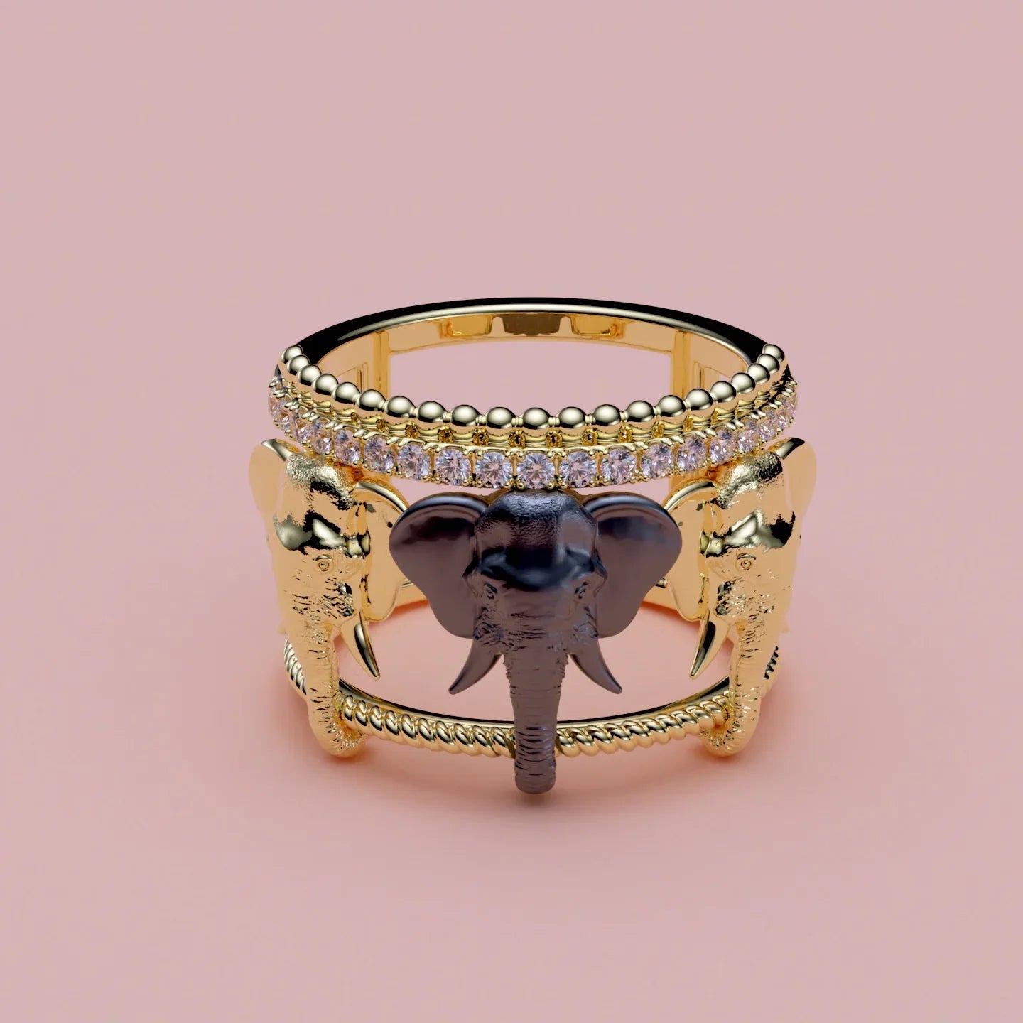 Luksuriøs Elefant Ring med Diamanter - Håndlavet i 14K Guld