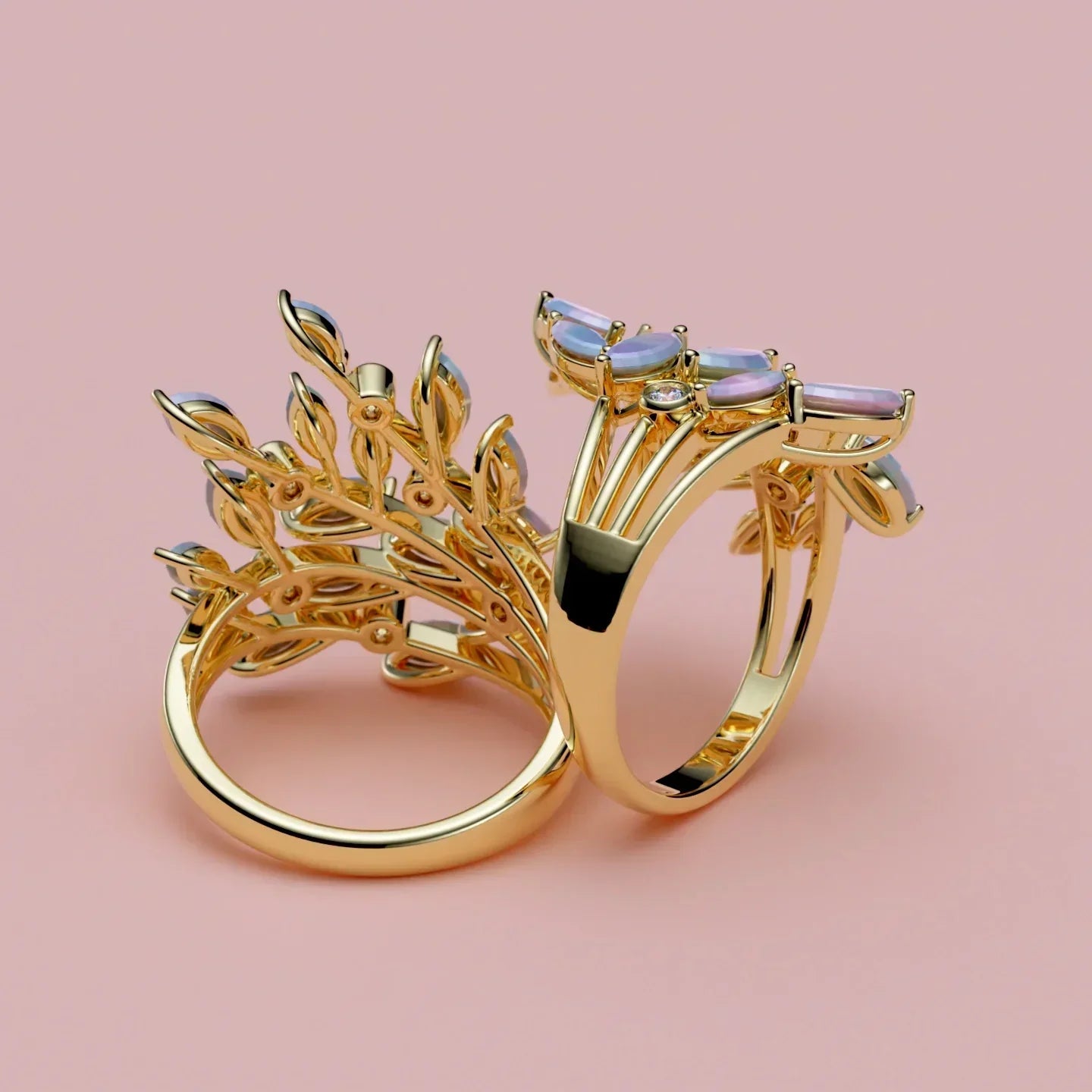 Guldforlovelsesring med opal og diamanter, elegant design på lyserød baggrund
