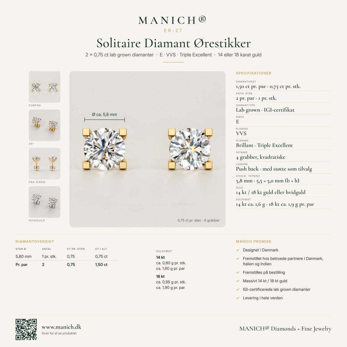 Infografik med mål og specifikationer for ER-27 Solitaire Diamant Ørestikker fra Manich Fine Jewelry