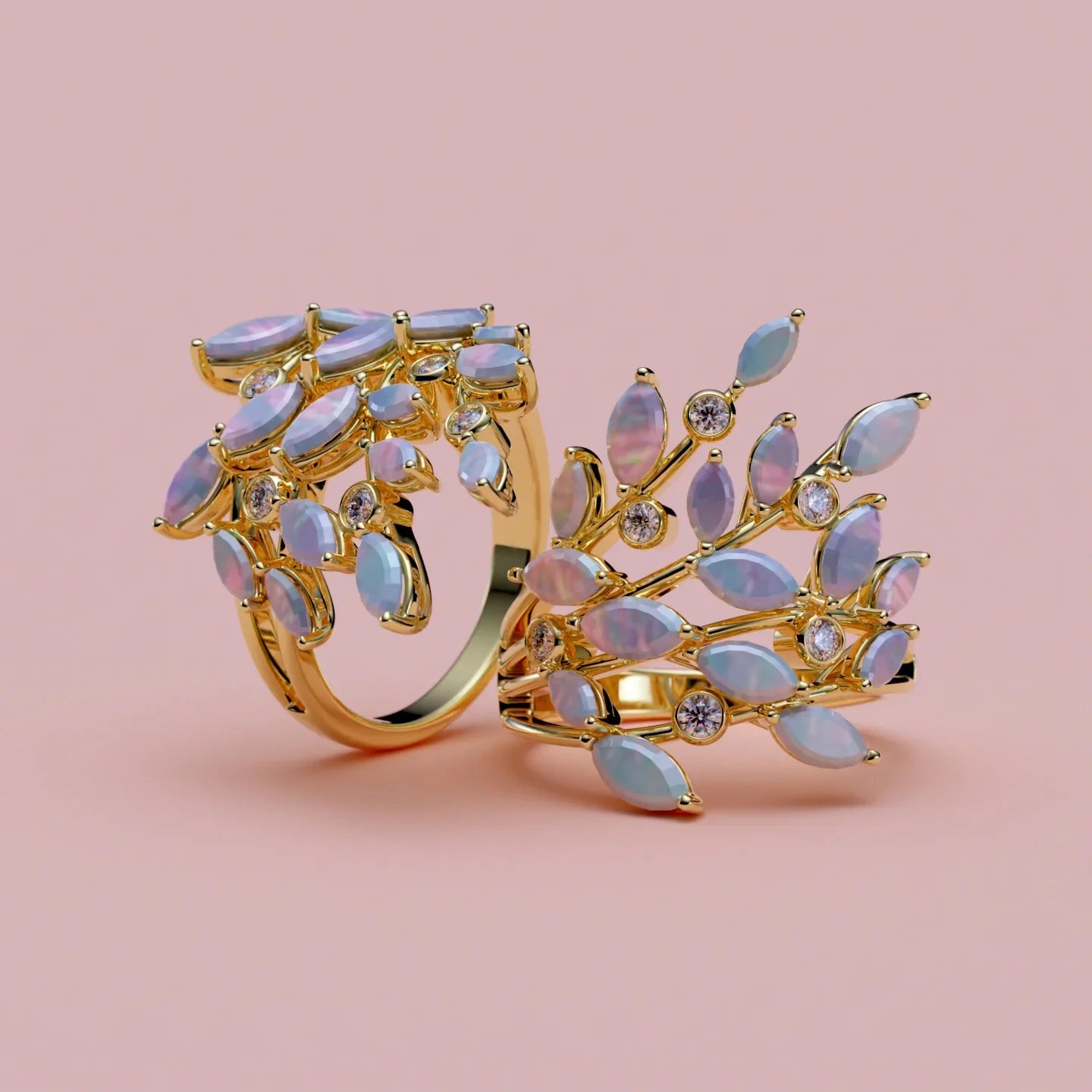 14 Karat Guldring med Diamanter og Hvide Opaler | VVS-VS Diamanter | MANICH