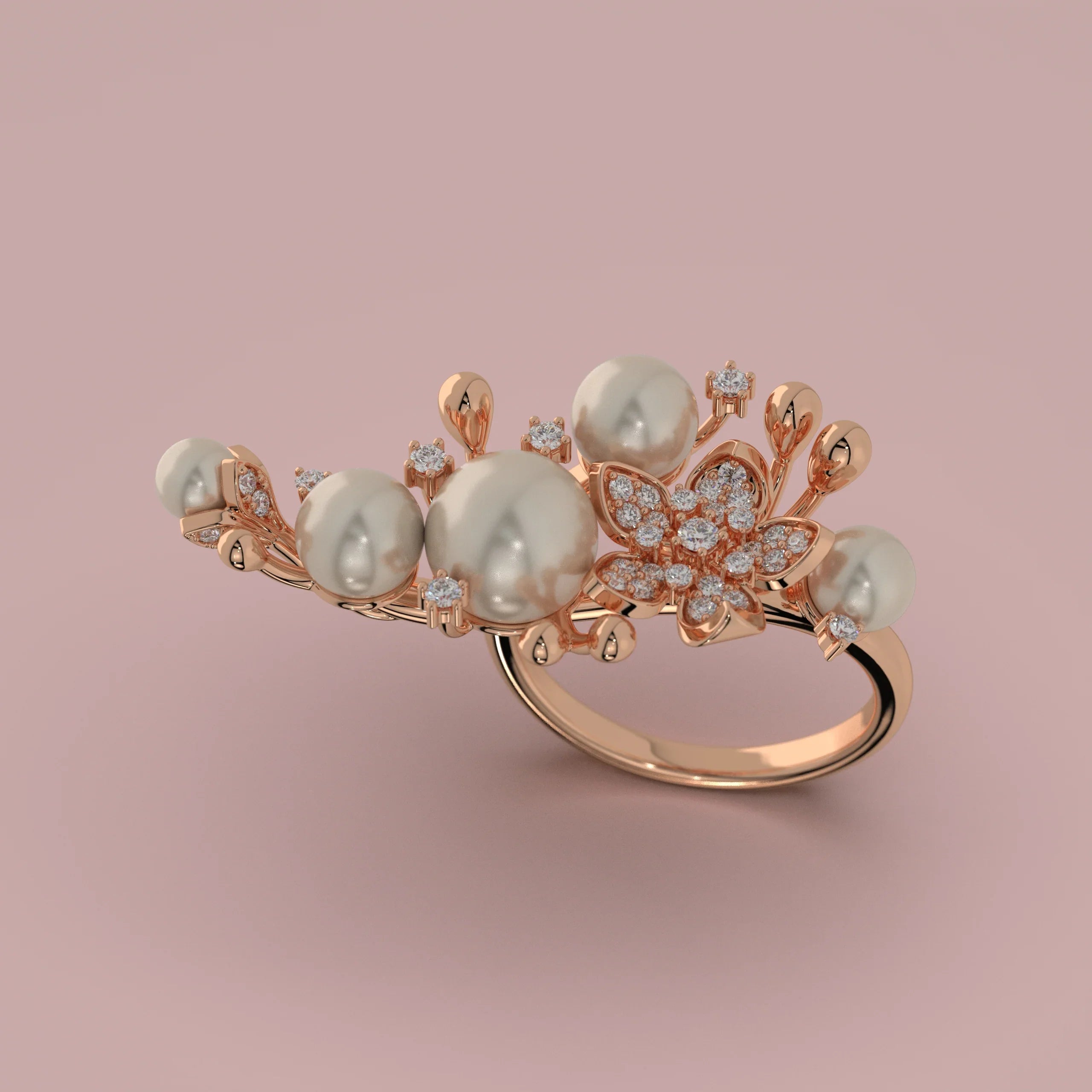 Ethereal Blossom" Ring - 14kt Guld med Naturperler og Diamanter