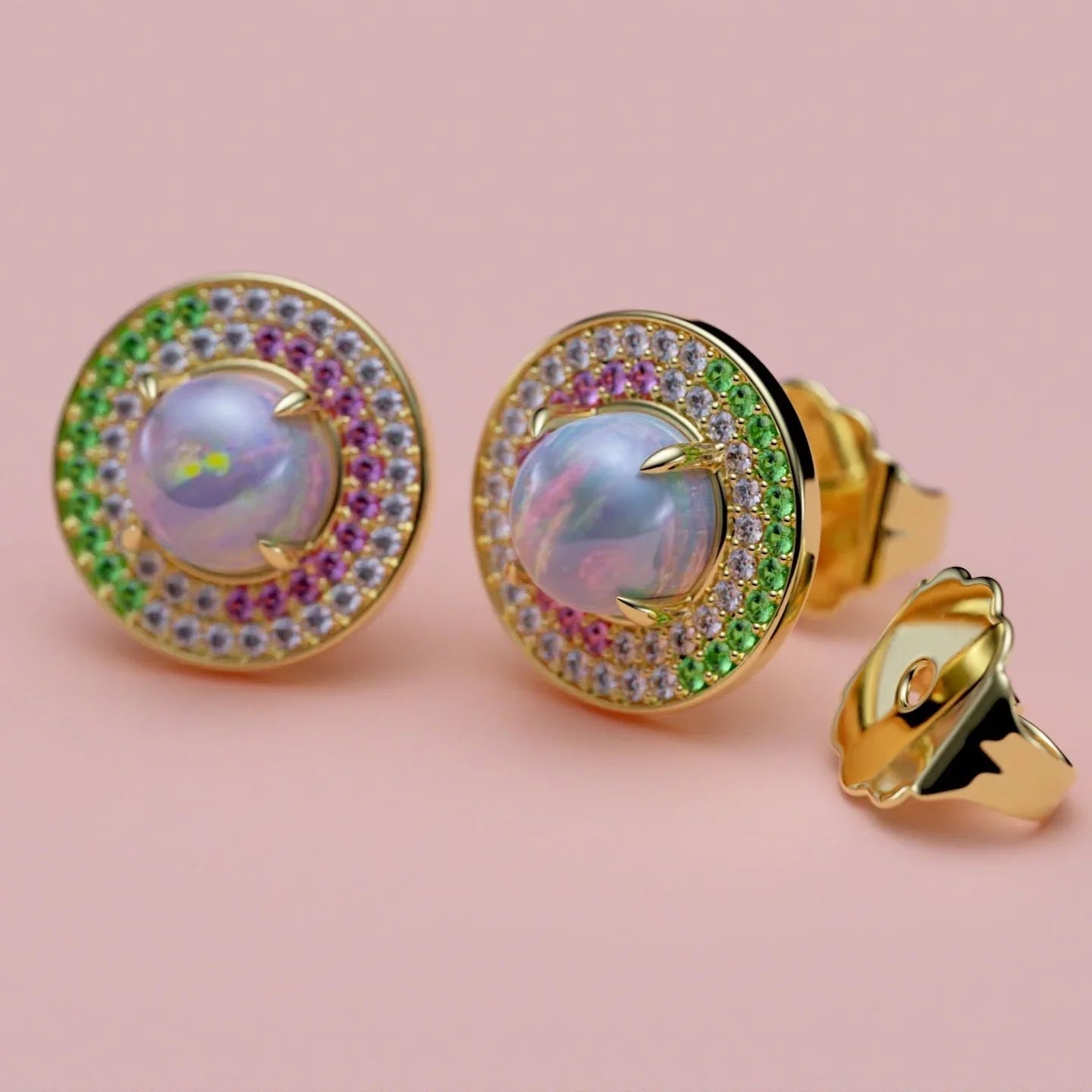 Limited Edition Opal Øreringe med Diamanter, Pink Safir & Tsavorit i 14K Guld
