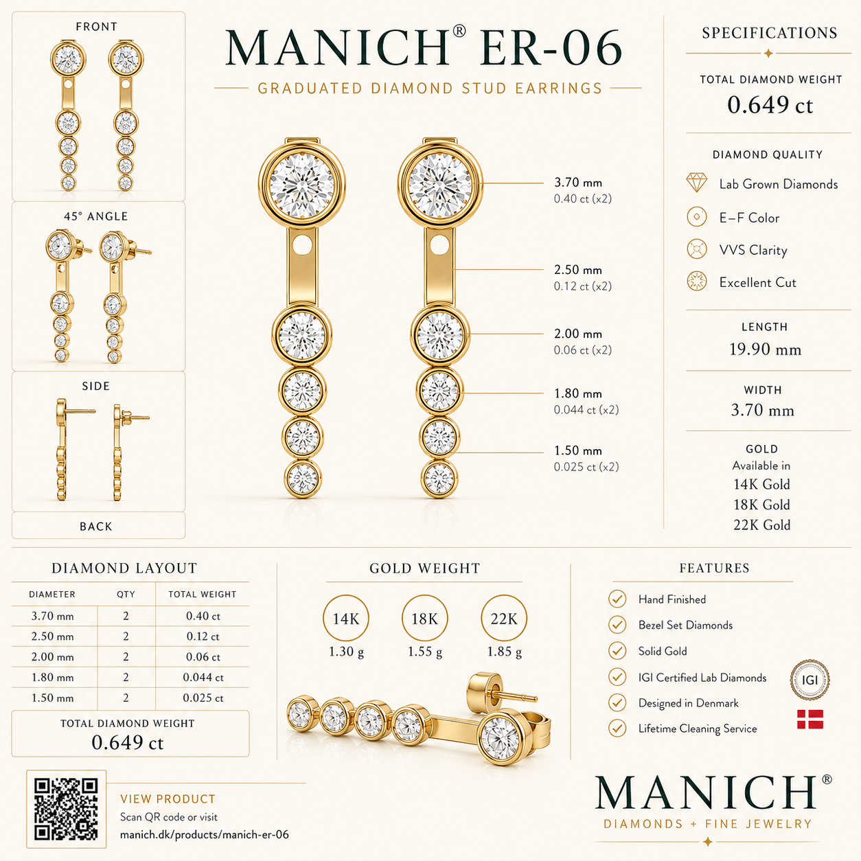 Infografik med mål og specifikationer for ER-06 faldende diamant øreringe fra Manich Fine Jewelry