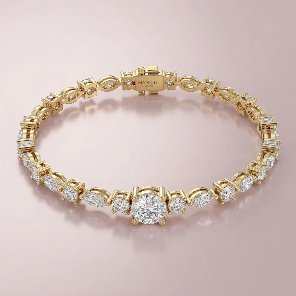 Tennisarmbånd BR-10 i 14 karat gulguld med 5.38 ct lab grown diamanter i round og marquise slibning fra Manich Jewelry
