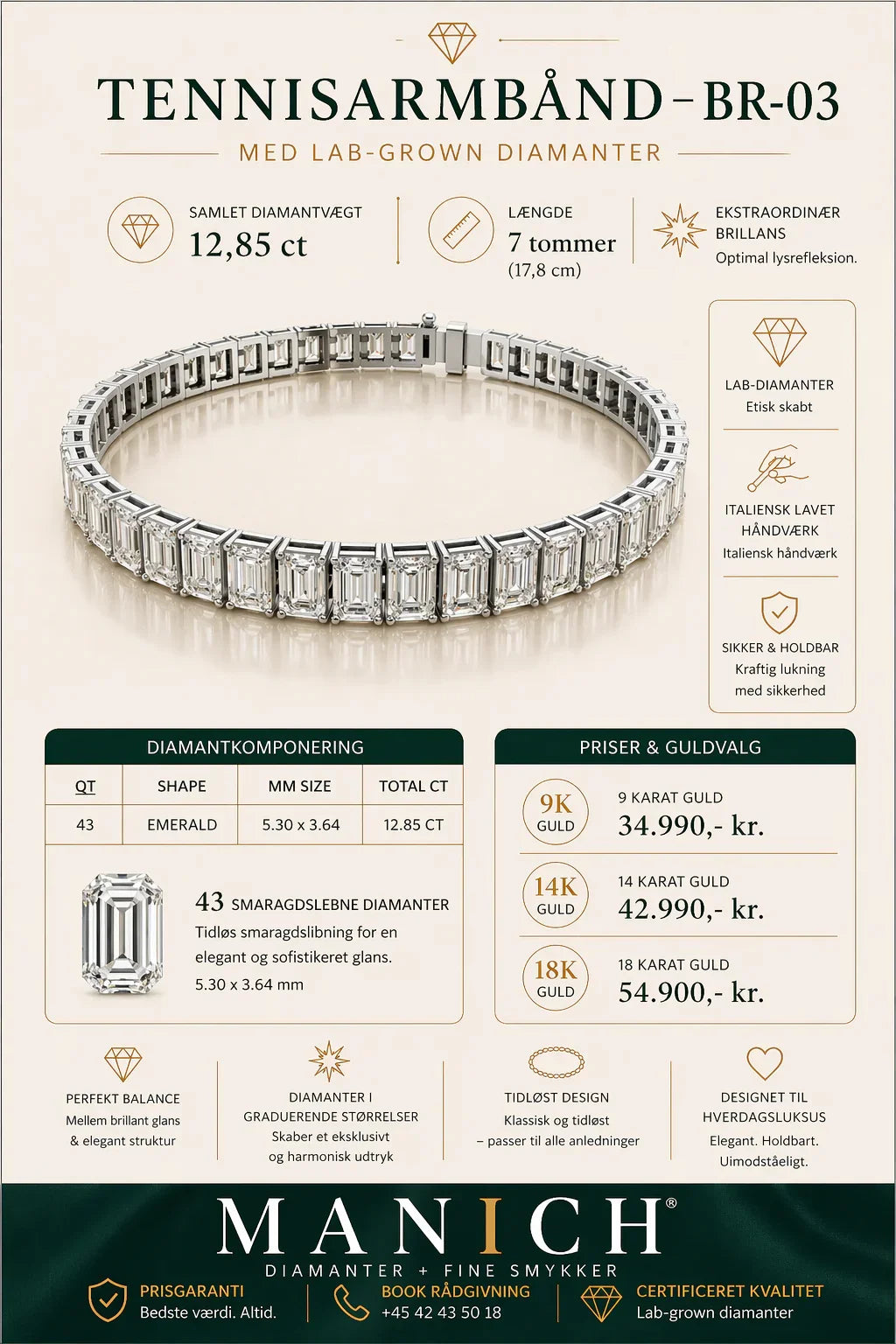 Specifikation af emerald cut tennisarmbånd 12.85 ct