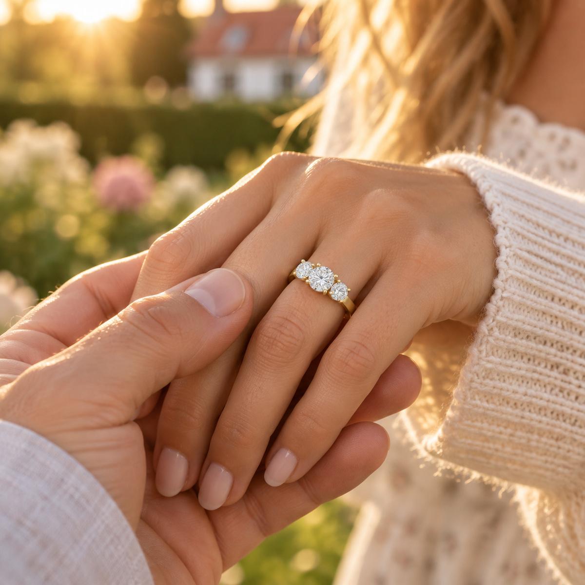 Par der holder i hånd – ZRG01 3-stens diamantring i 14 kt. gulguld som forlovelsesring