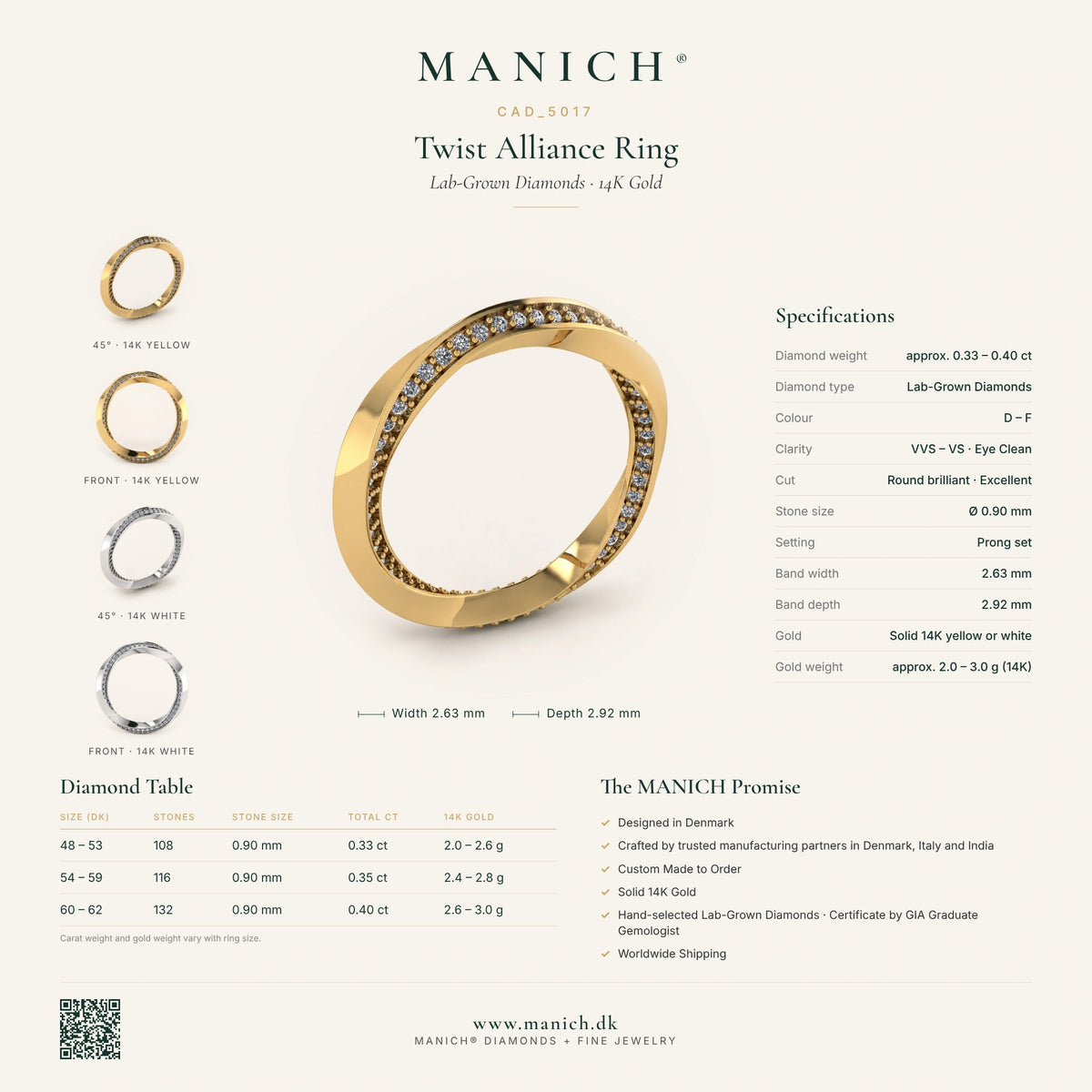 Infografik: Twist alliancering CAD_5017 i 14 kt guld med lab grown diamanter – specifikationer og diamanttabel | MANICH
