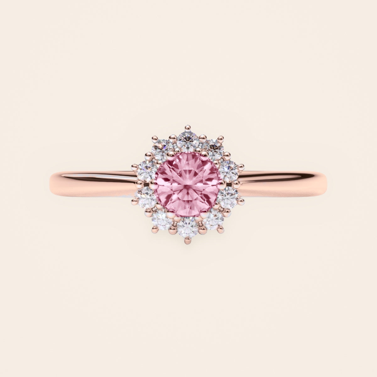DR0186 halo diamantring med pink diamant i 14 kt. rosaguld – forfra