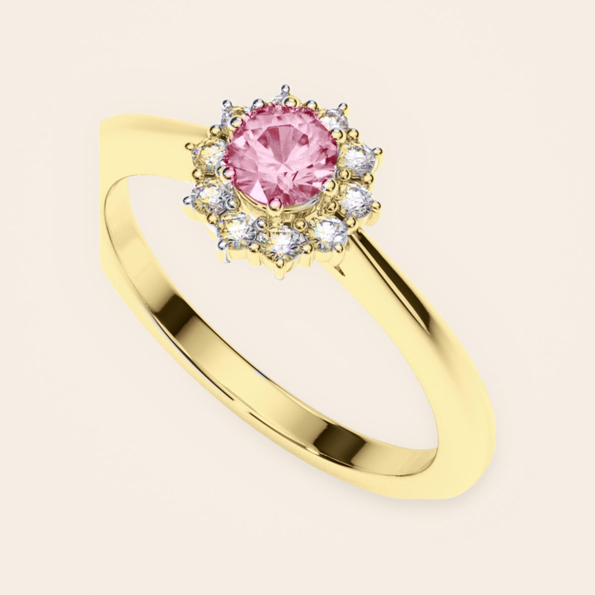 DR0186 halo diamantring med pink diamant i 14 kt. gulguld – perspektiv