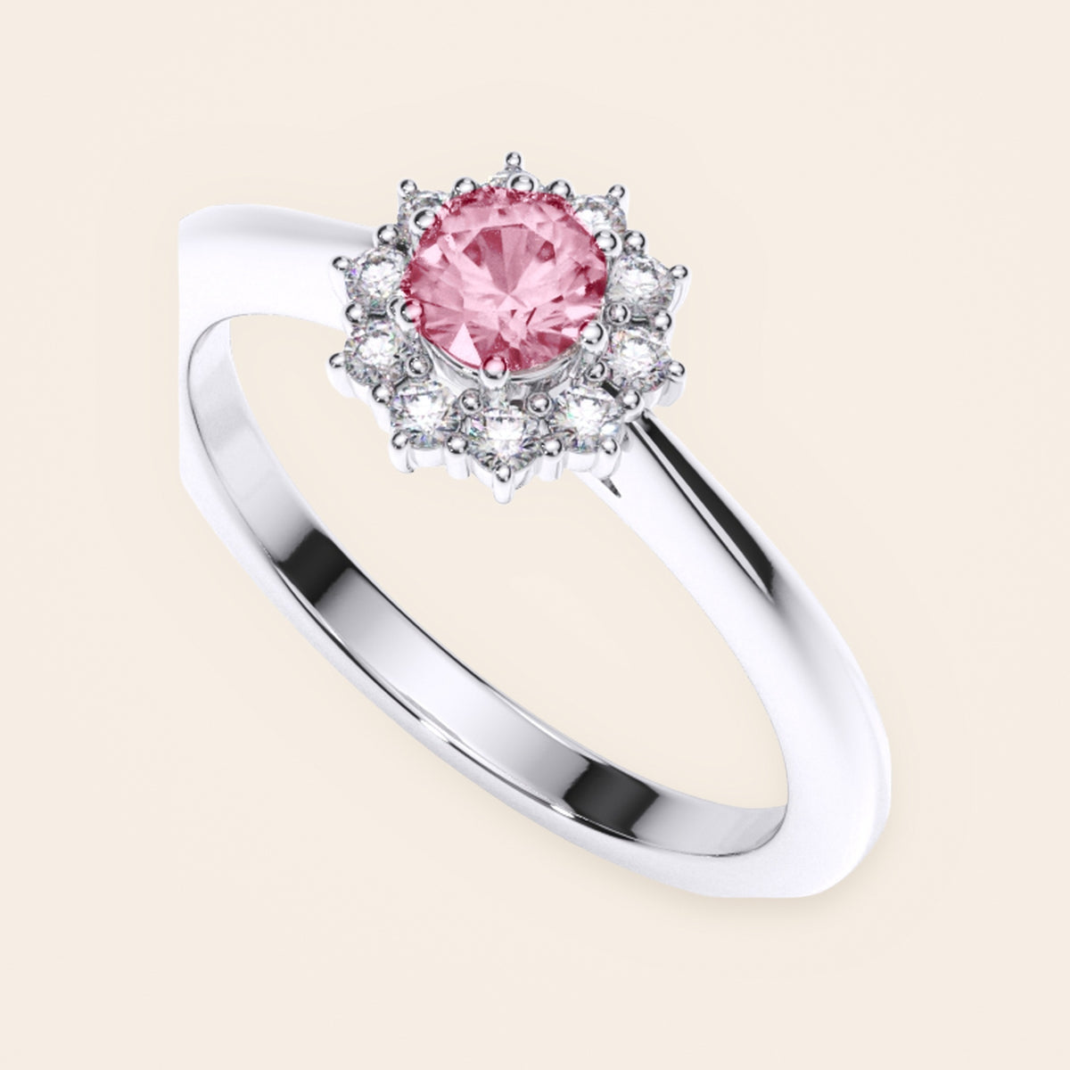 DR0186 halo diamantring med pink diamant i 14 kt. hvidguld – perspektiv