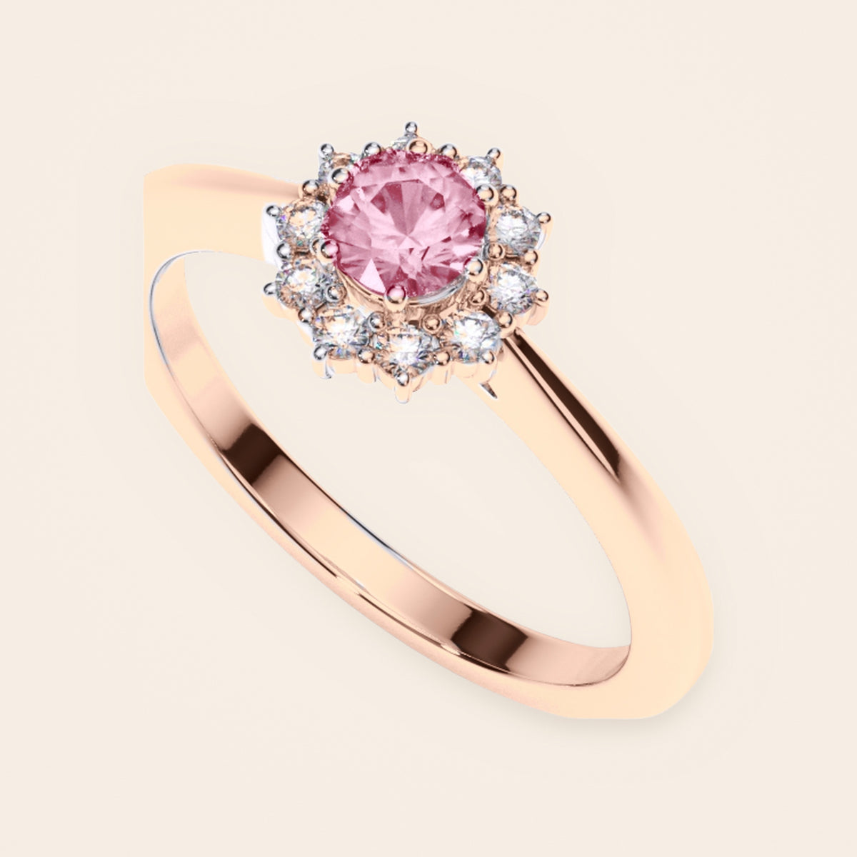 DR0186 halo diamantring med pink diamant i 14 kt. rosaguld – perspektiv