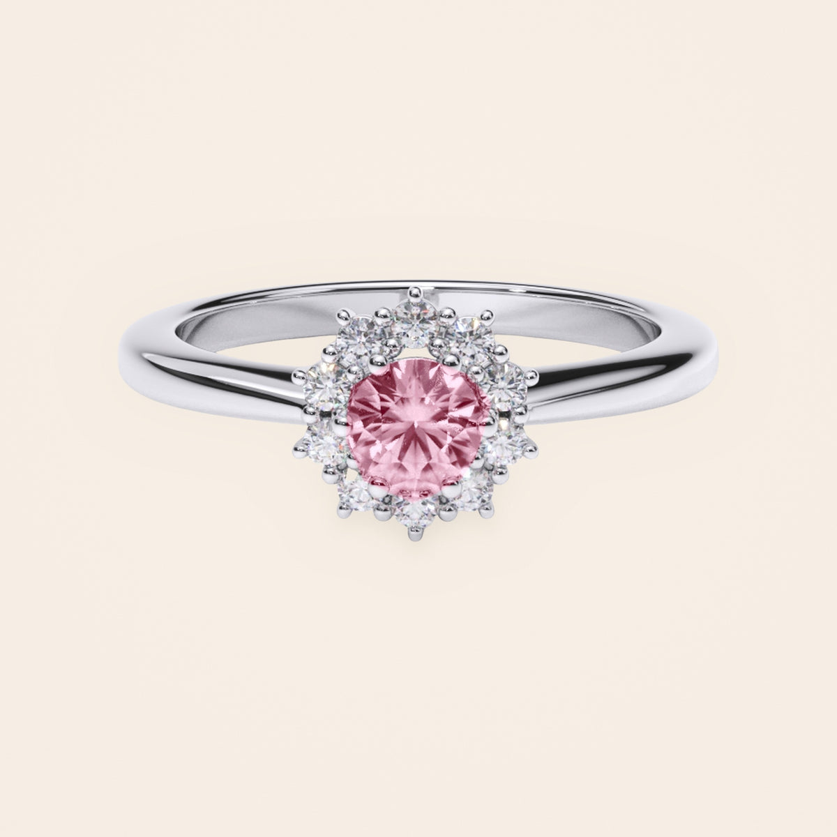 DR0186 halo diamantring med pink diamant i 14 kt. hvidguld – skråt forfra