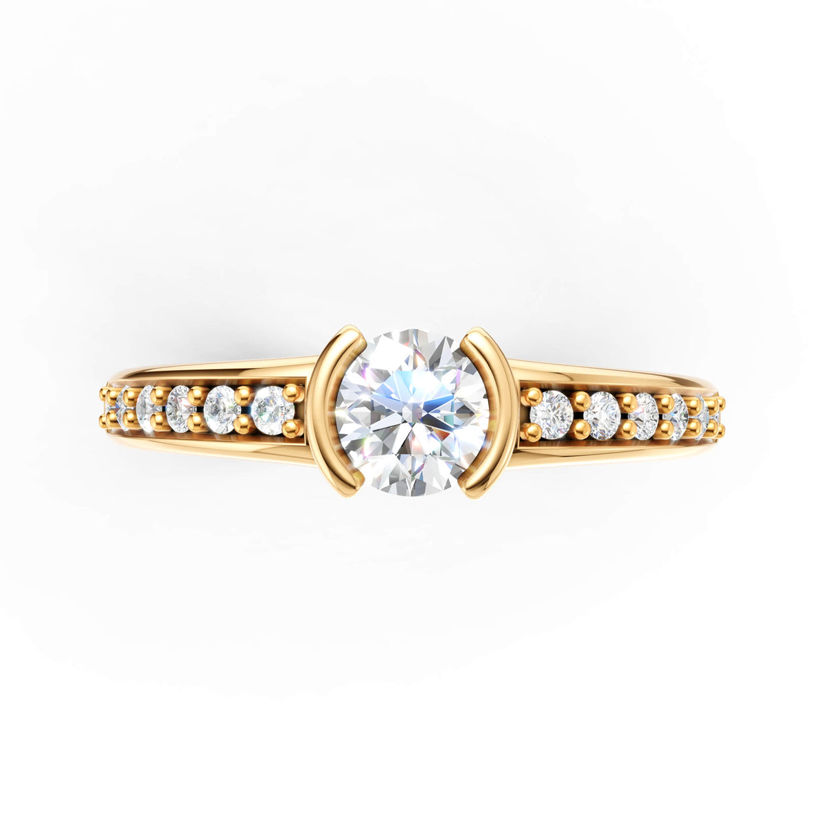 DR0219 solitairering med rund diamant og pavé-satte skuldre, forfra, gulguld