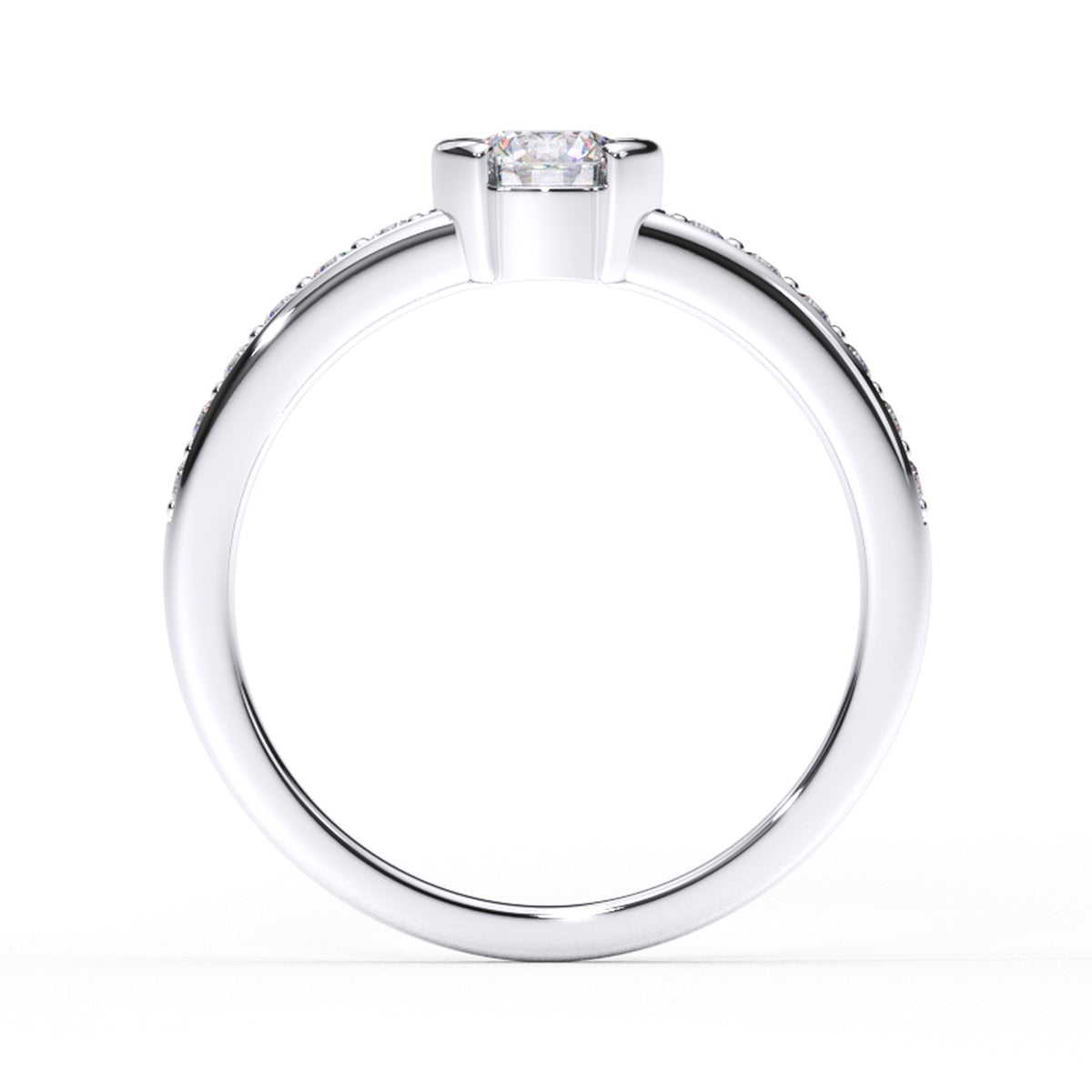 DR0219 solitairering med rund diamant og pavé-satte skuldre, forfra, hvidguld