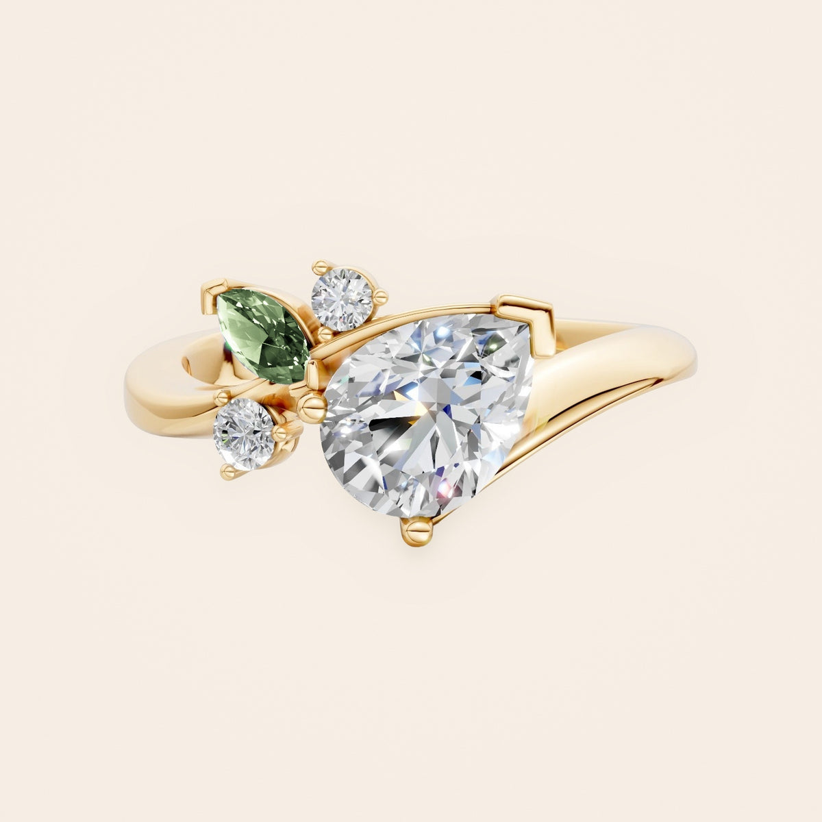 DR0332 diamantring med pæreformet diamant og grøn markise i 14 kt. gulguld, forfra