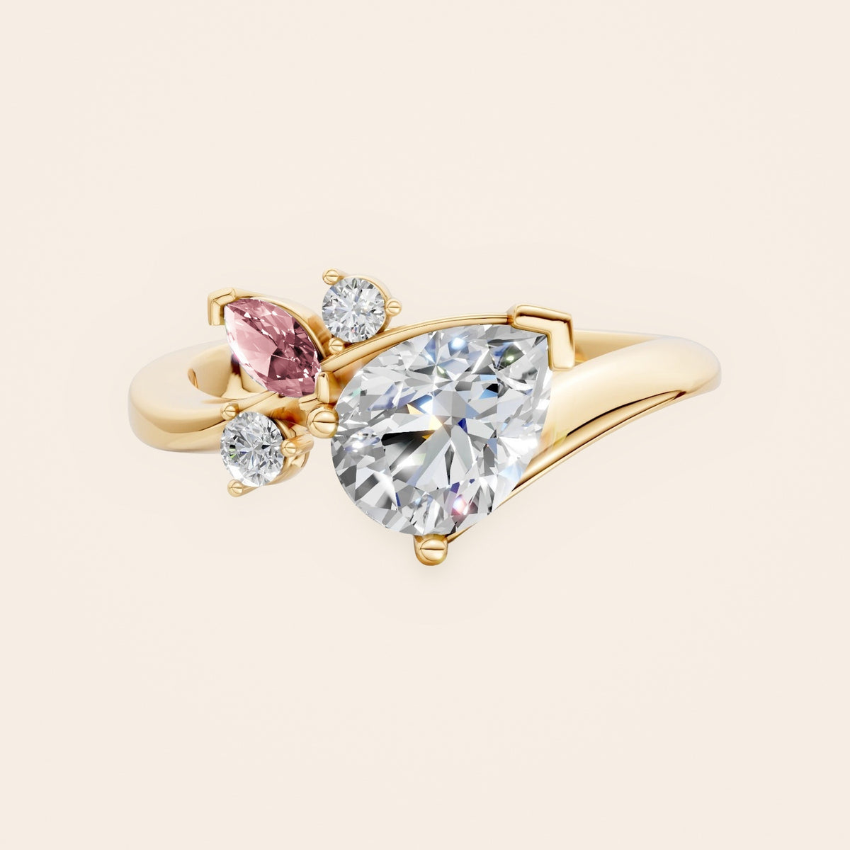 DR0332 diamantring med pæreformet diamant og pink markise i 14 kt. gulguld, forfra