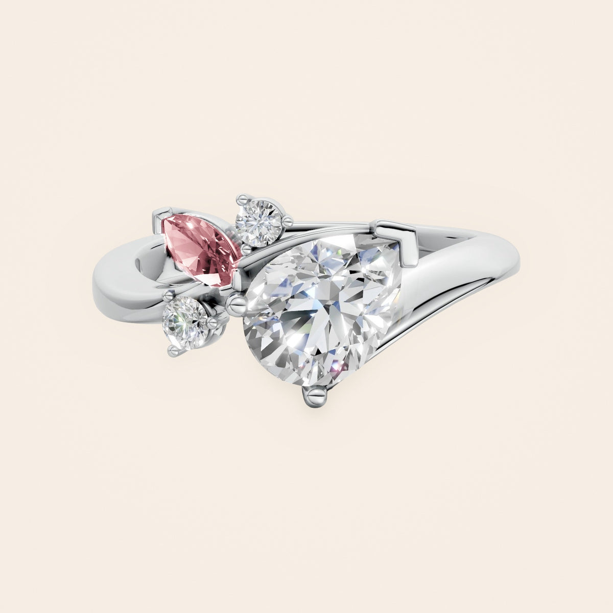 DR0332 diamantring med pæreformet diamant og pink markise i 14 kt. hvidguld, forfra
