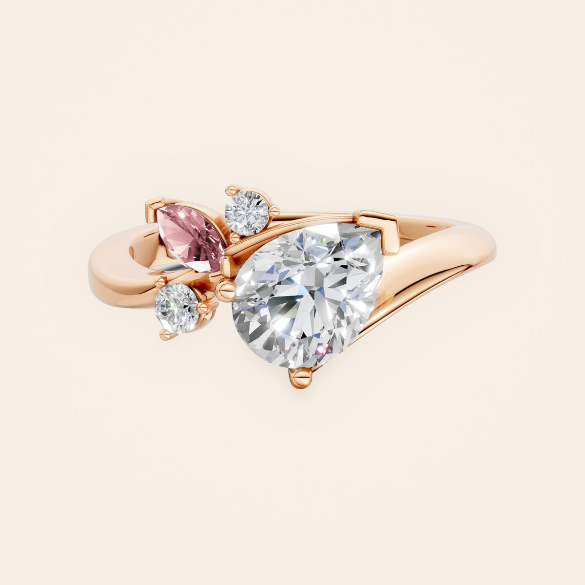 DR0332 diamantring med pæreformet diamant og pink markise i 14 kt. rosaguld, forfra