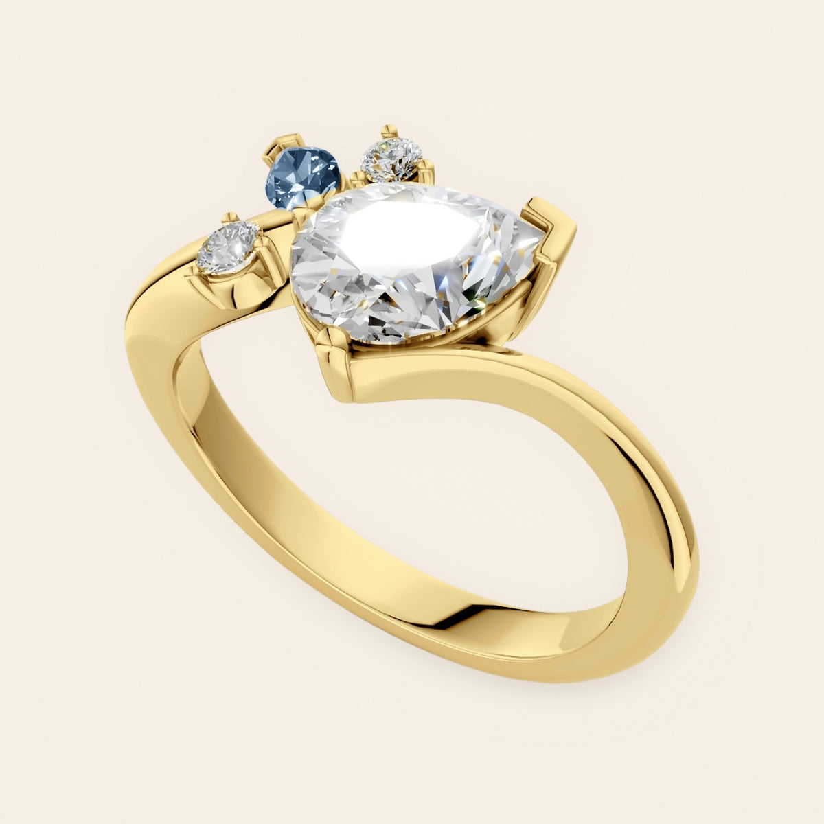 DR0332 diamantring med pæreformet diamant og blå markise i 14 kt. gulguld, perspektiv