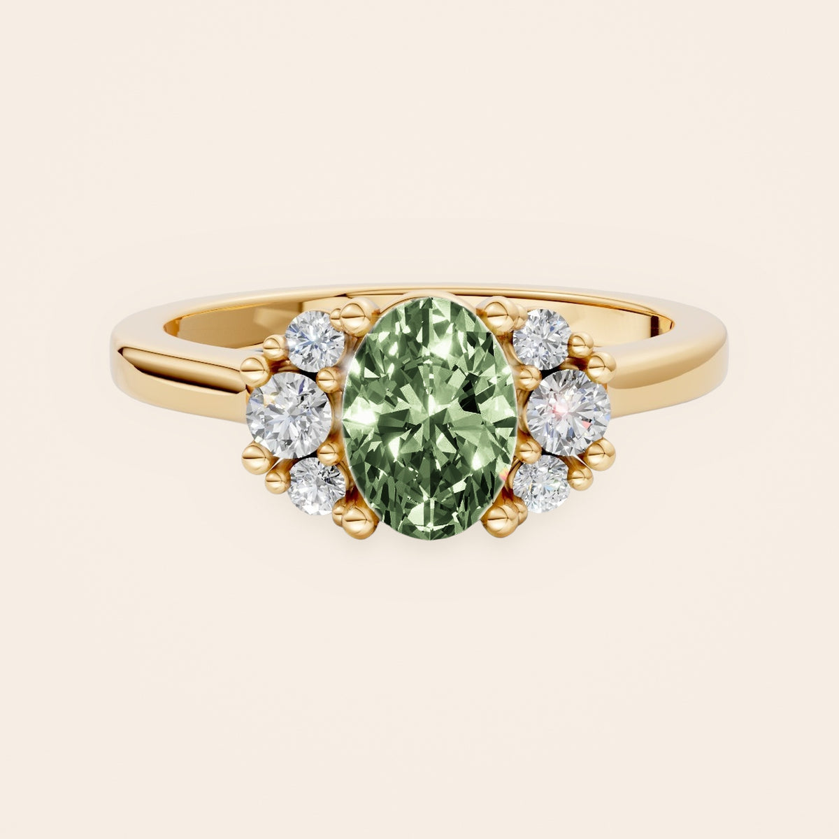 DR0381 diamantring i 14 kt. gulguld med grøn oval diamant – forfra