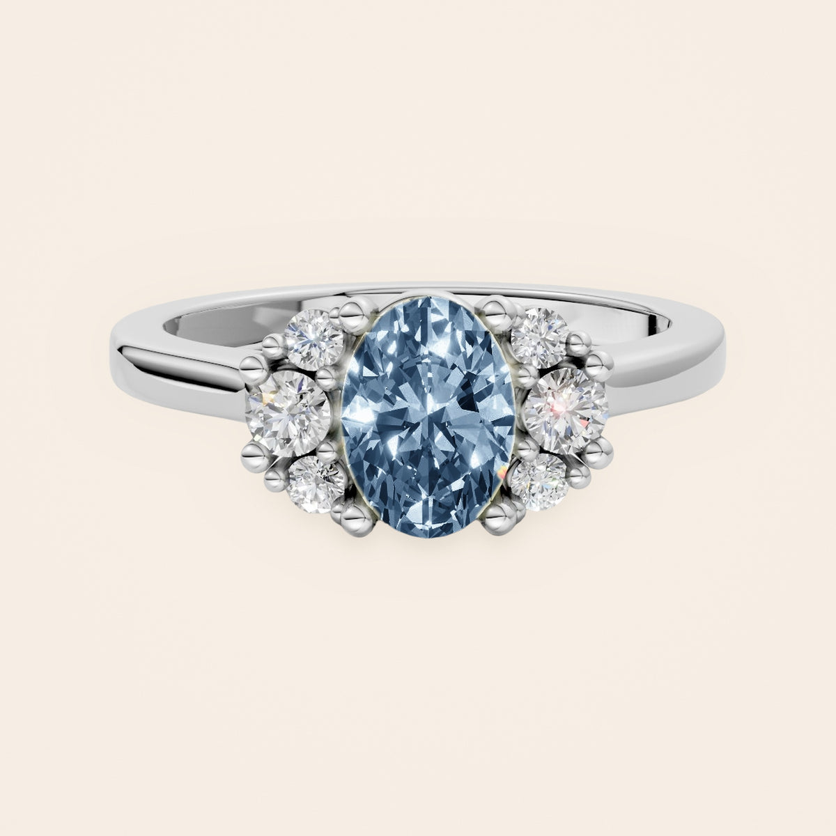 DR0381 diamantring i 14 kt. hvidguld med blå oval diamant – forfra
