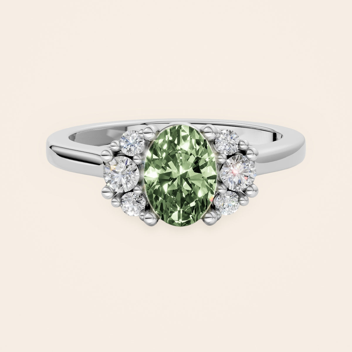 DR0381 diamantring i 14 kt. hvidguld med grøn oval diamant – forfra