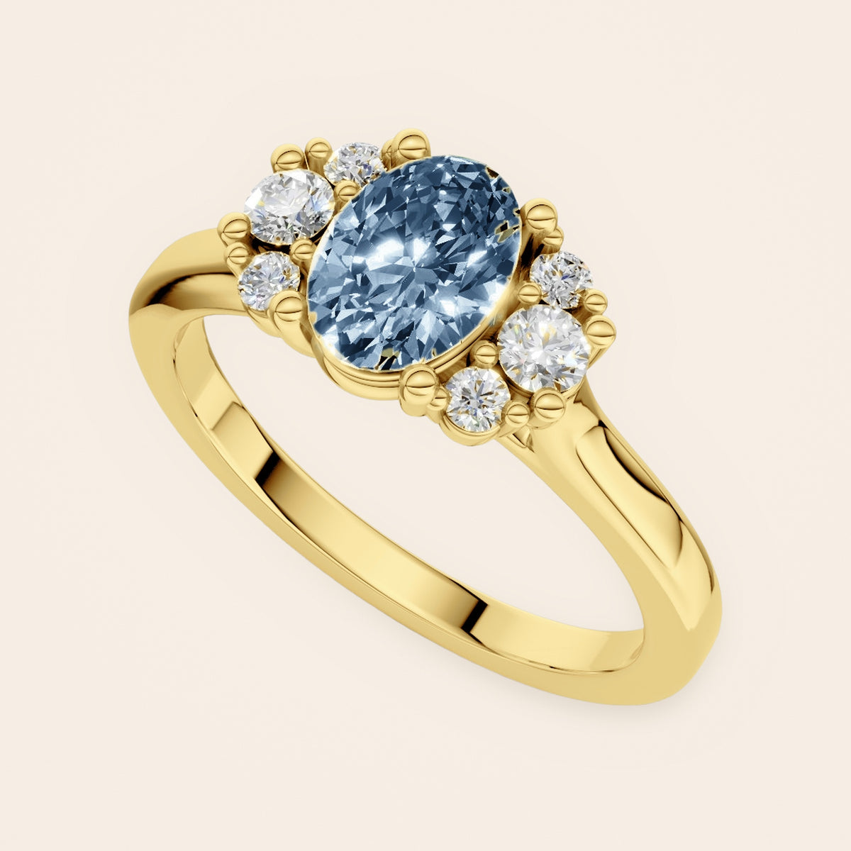 DR0381 diamantring i 14 kt. gulguld med blå oval diamant – perspektiv