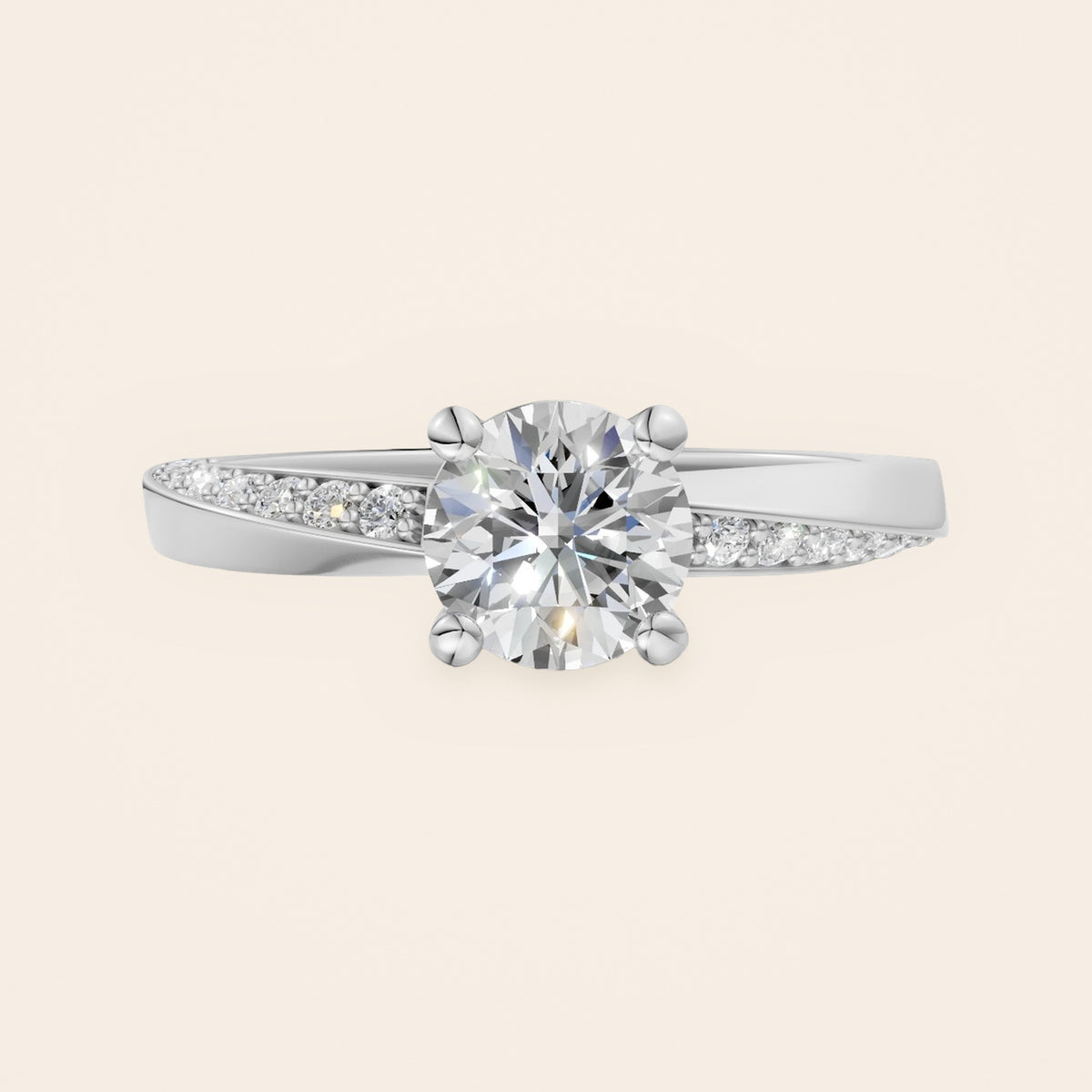 DR0383 solitaire diamantring med snoet pavé-skinne i 14 kt. hvidguld – forfra