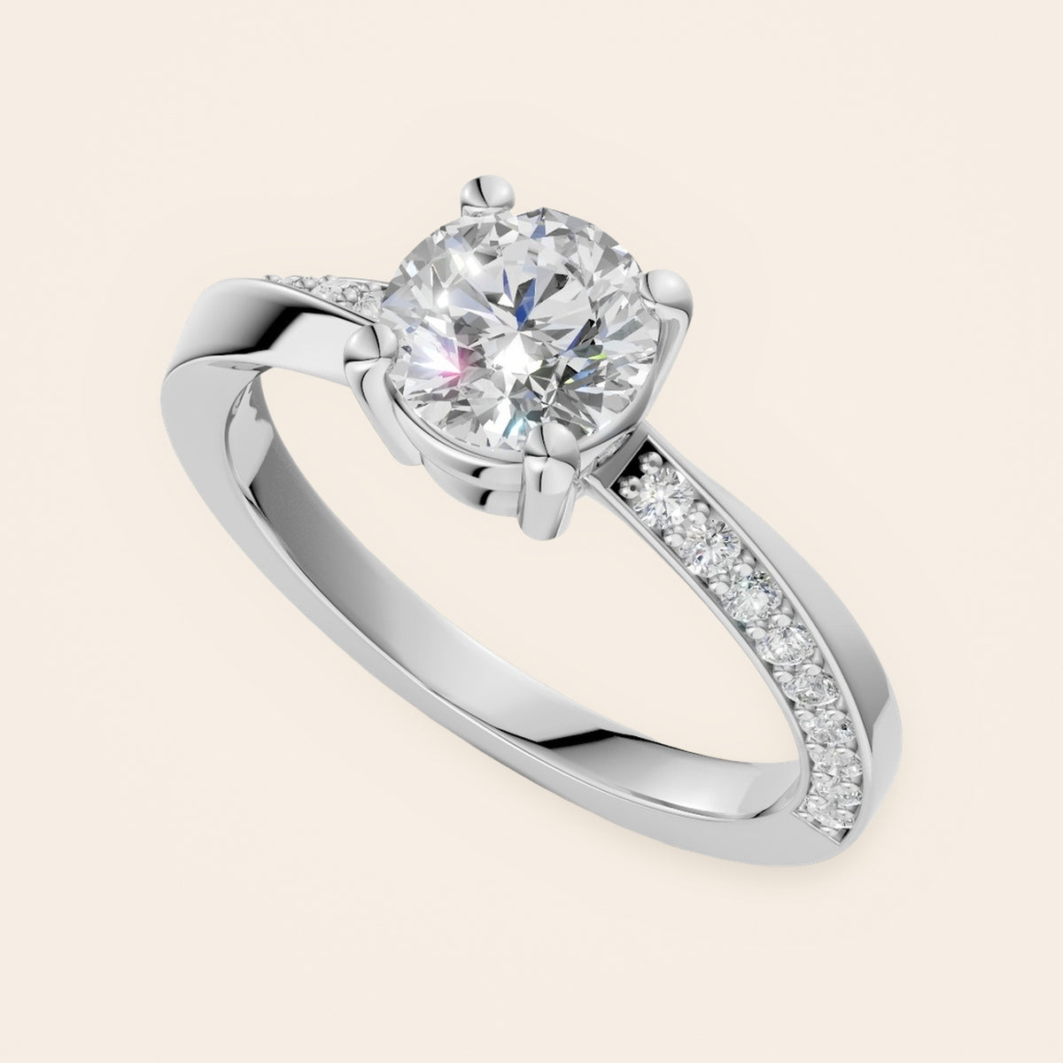 DR0383 solitaire diamantring med snoet pavé-skinne i 14 kt. hvidguld – perspektiv