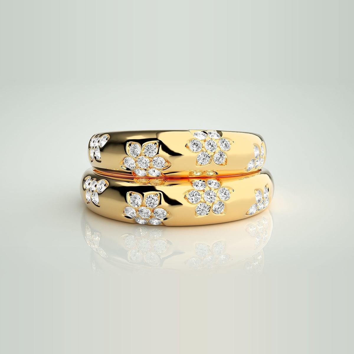 HJ41956 vielsesringe med diamantblomster i 14 kt gulguld – stablet, set forfra