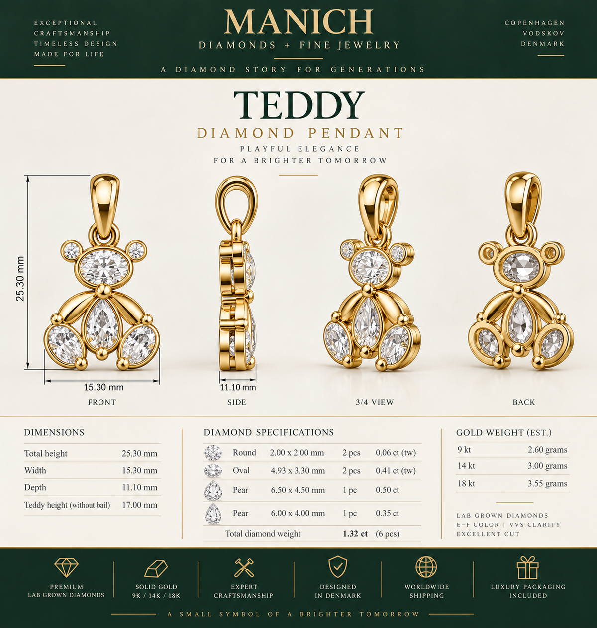 MANICH Teddy Bjørn Vedhæng infografik med diamantspecifikationer