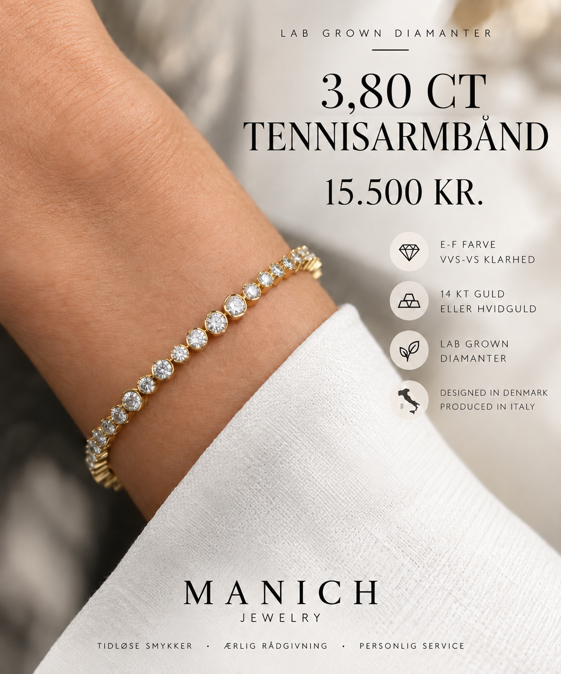3,80 ct tennisarmbånd med lab grown diamanter, 15.500 kr. – E-F farve, VVS-VS klarhed, 14 kt guld eller hvidguld