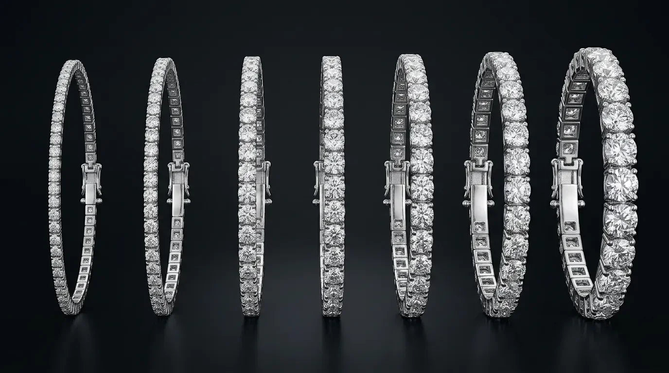 Diamant tennisarmbånd i italiensk design vist fra 1 til 18 carat i 14 kt hvidguld med brillantslebne diamanter i stigende størrelse.