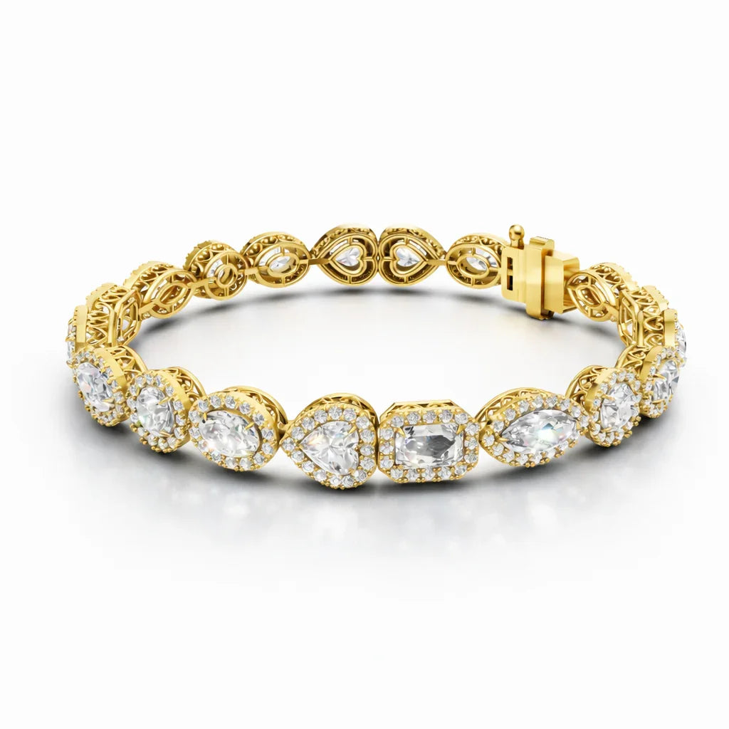 Tennisarmbånd i gulguld med 12.20 ct lab grown diamanter i oval, emerald og marquise sleb