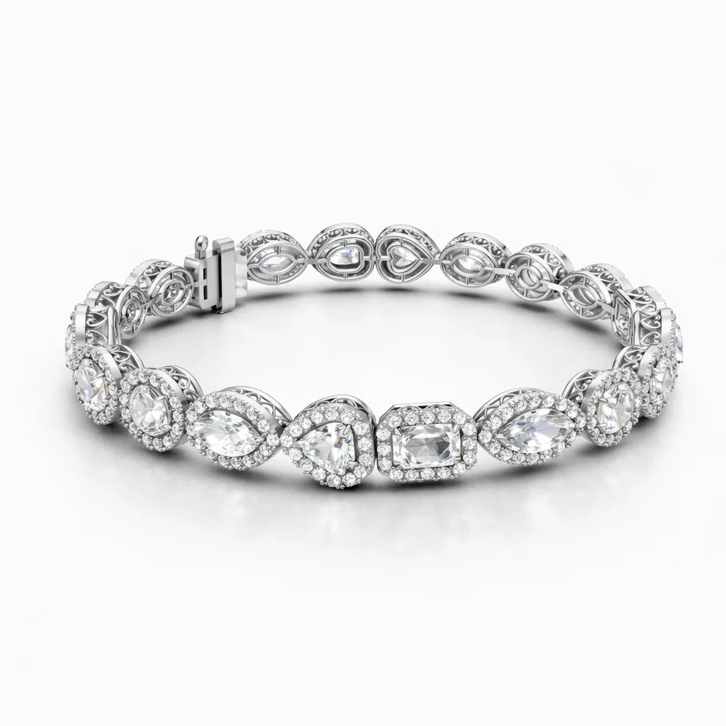 Tennisarmbånd i hvidguld med 12.20 ct lab grown diamanter i oval, emerald og marquise sleb