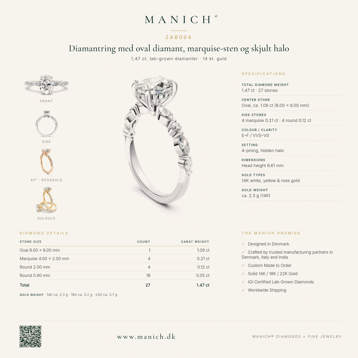 ZAB004 specifikationer, diamantkvalitet og mål – MANICH infografik