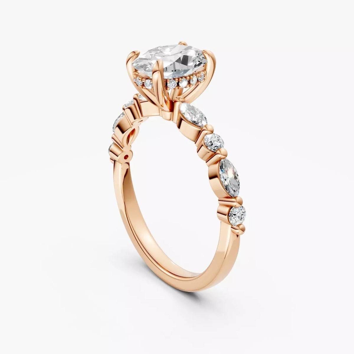 ZAB004 diamantring med oval diamant og marquise-sten i 14 kt. rosaguld, perspektiv