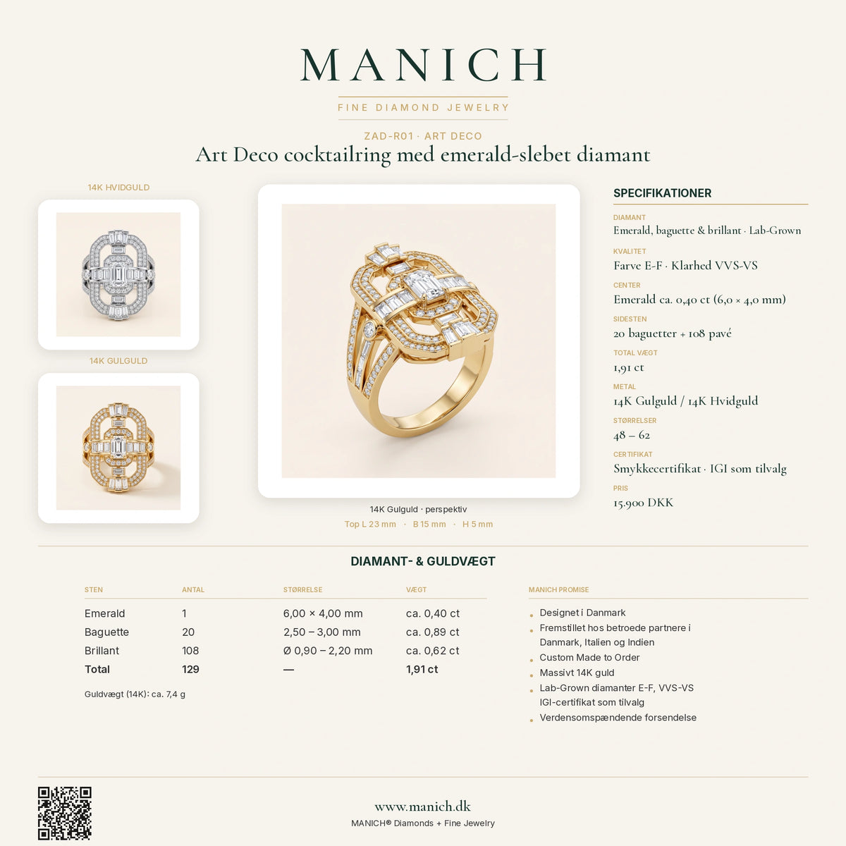 ZAD-R01 specifikationer, diamantkvalitet og mål – MANICH infografik