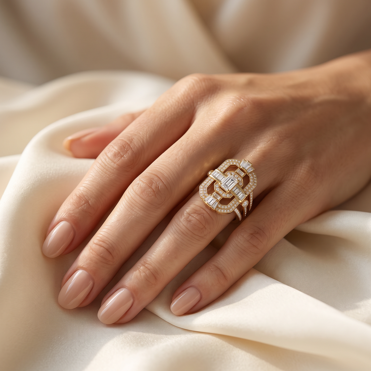 Model bærer ZAD-R01 Art Deco cocktailring med lab grown diamanter i 14 karat gulguld